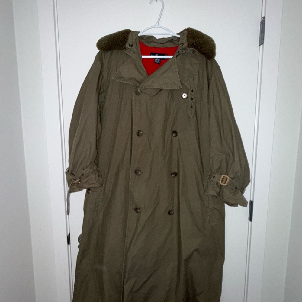 Ralph Lauren Olive Trench Coat with Brown Fur Collar